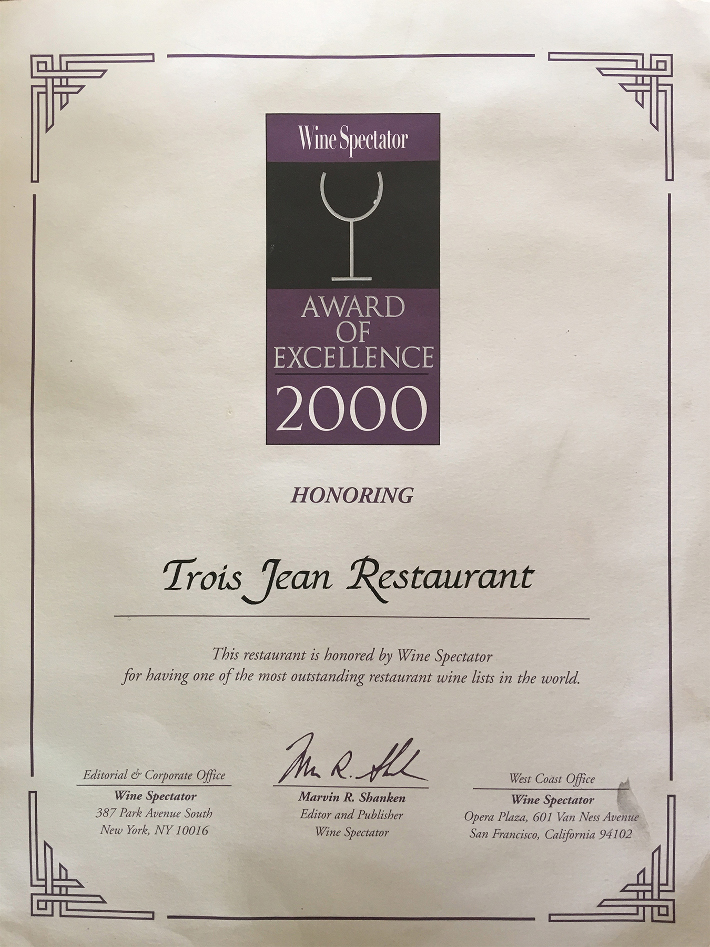 Jean-luc Andriot received the Award of Excellence 2000 for his wine cellar Trois Jean Restaurant in Mahattan in 2000