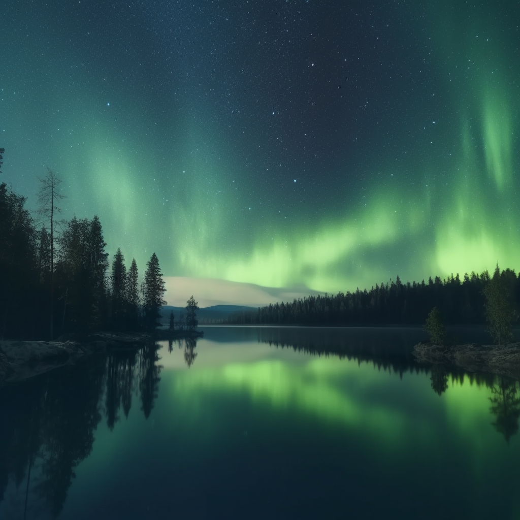 Northern lights over a lake and forest in Finland for Jean-Luc Andriot blog 040623