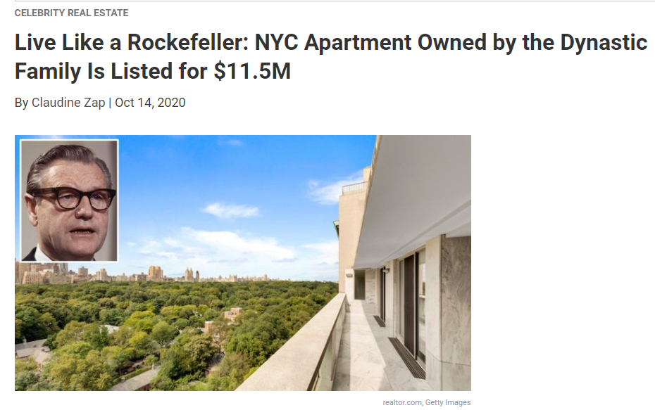 From Realtor.com Live Like a Rockefeller: NYC Apartment Owned by the Dynastic Family Is Listed for $11.5M for Jean-Luc Andriot blog 101620