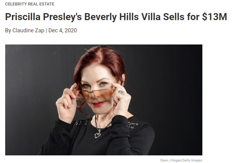 From Realtor.com, Priscilla Presley's Beverly Hills Villa Sells for $13M for Jean-Luc Andriot blog 120920
